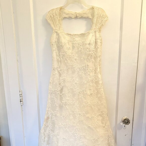 Ivory Lace Keyhole-back Wedding Dress w/ Optional Blush Sash (Demetrios Sz 16) - Picture 12 of 14
